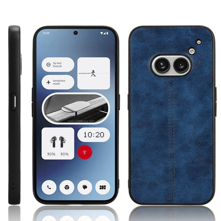 Blue textured phone case with stitched vertical seam and dual camera cutouts
