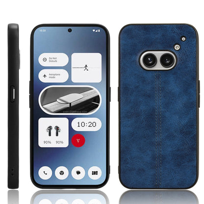 Blue textured phone case with stitched vertical seam and dual camera cutouts
