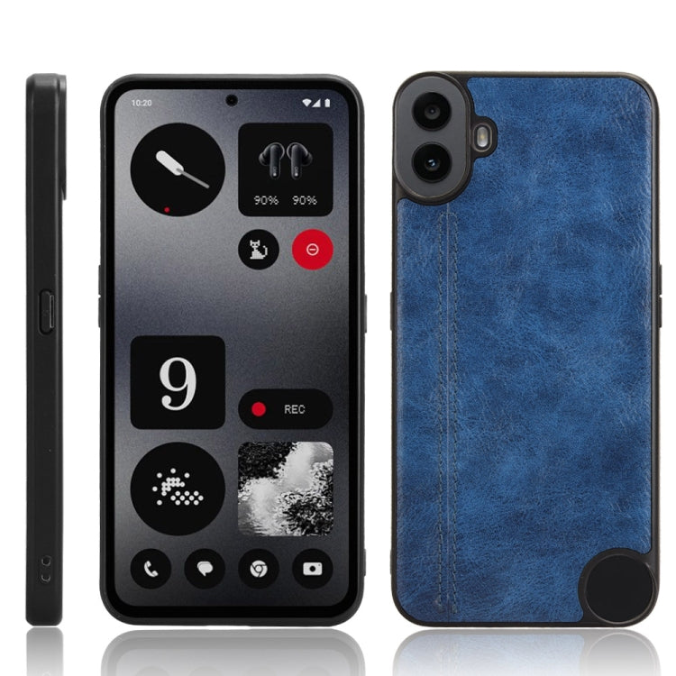 Blue textured phone case with stitched vertical seam and cutout for camera module