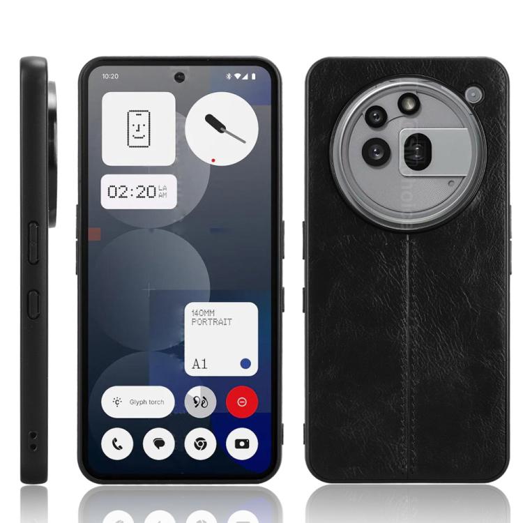 Black leather-look phone back case with stitched center seam and camera cutout