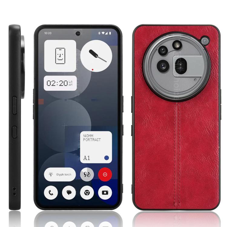 Red leather-look phone back case with stitched center seam and camera cutout