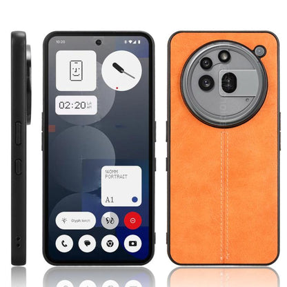 Orange leather-look phone back case with stitched center seam and camera cutout