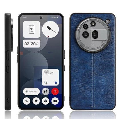 Blue leather-look phone back case with stitched center seam and camera cutout