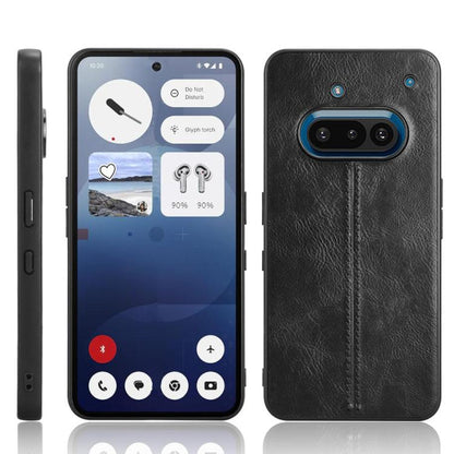 Black leather-look phone case with vertical stitched panel and triple-camera opening