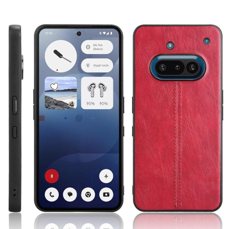 Red leather-look phone back case with stitched center seam and camera cutout