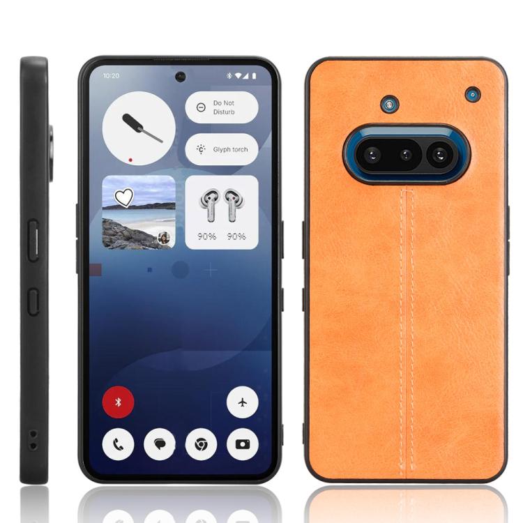 Orange leather-look phone back case with stitched center seam and camera cutout