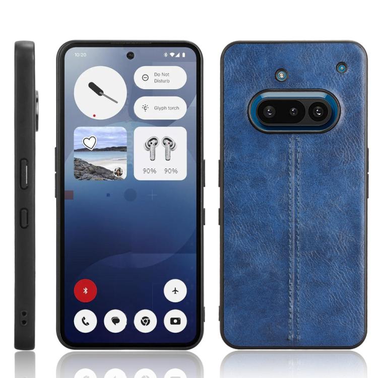 Blue leather-look phone back case with stitched center seam and camera cutout