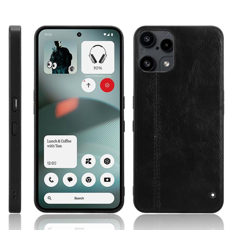 Black leather-texture phone case with raised camera cutouts and side button openings