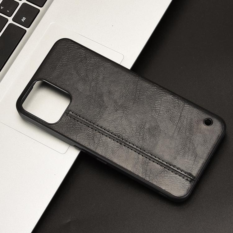 Black leather-look phone case with stitched seam detail along the back