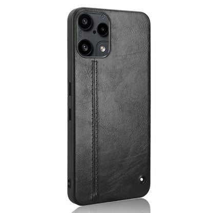 Black leather-texture phone case with stitched vertical panel and camera lenses cut out