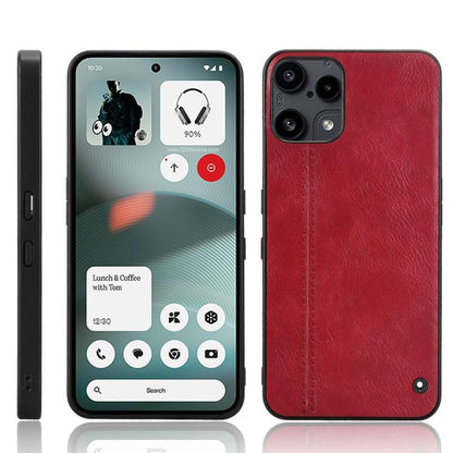 Red leather-texture phone case with stitched seam and camera cutouts
