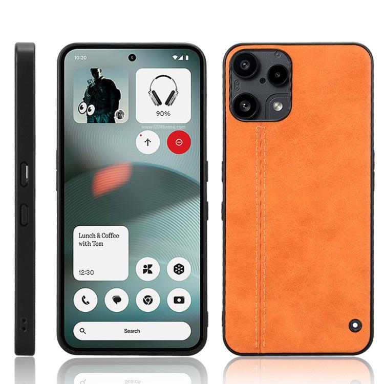 Orange leather-texture phone case with stitched vertical seam and camera lenses cut out