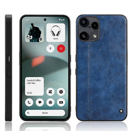 Blue leather-texture phone case with stitched vertical seam and camera cutouts
