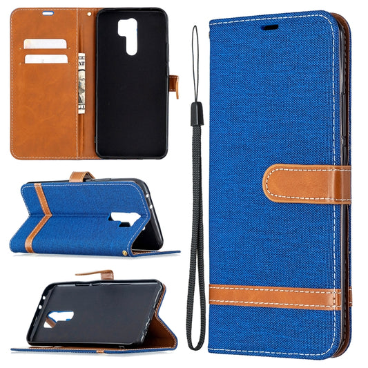 Royal blue denim-texture flip wallet phone case with card slots and wrist lanyard