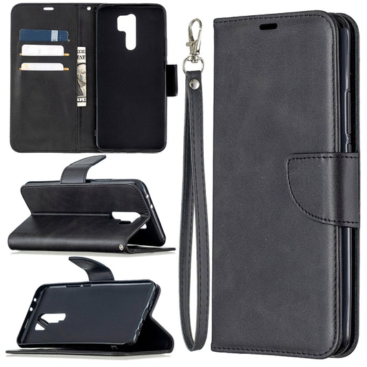 Black flip phone wallet case with card slots, lanyard, and stand cover