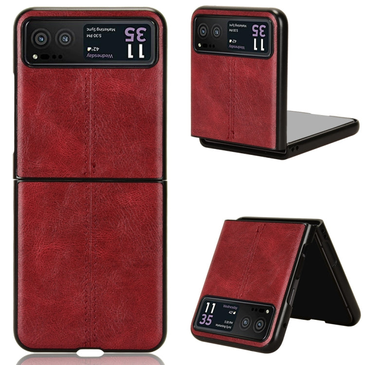 Textured leather-style flip phone case with stand, red, stitched panel design