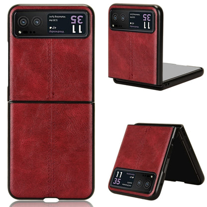 Textured leather-style flip phone case with stand, red, stitched panel design