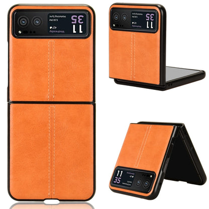 Textured leather-style flip phone case with stand, orange, stitched panel design