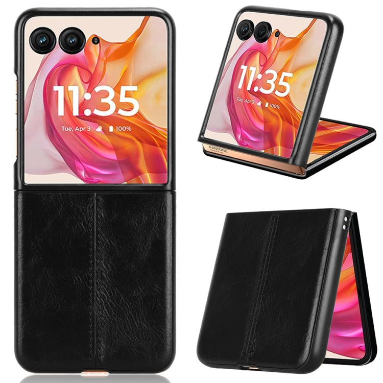 Black flip phone case with leather-look texture, front window, and stitched back for Motorola Razr