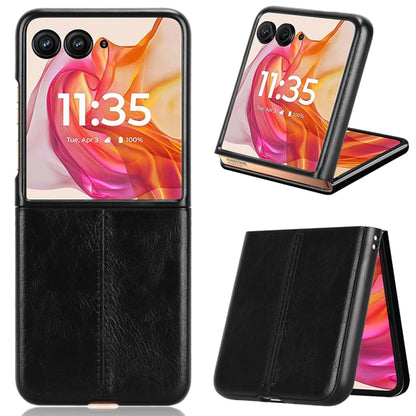 Black flip phone case with leather-look texture, front window, and stitched back for Motorola Razr