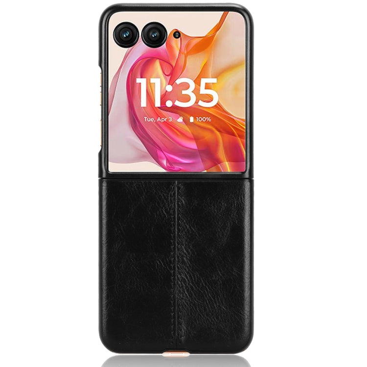 Black flip phone case with leather-look textured back, front window, and stitched center for Motorola Razr