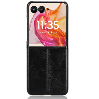 Black flip phone case with leather-look textured back, front window, and stitched center for Motorola Razr