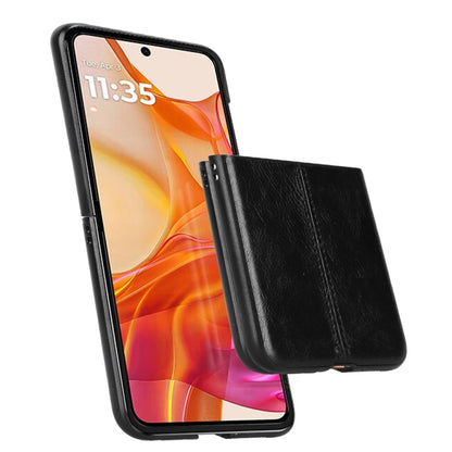 Black flip phone case with leather-look cover; front view and open back flap for Motorola Razr