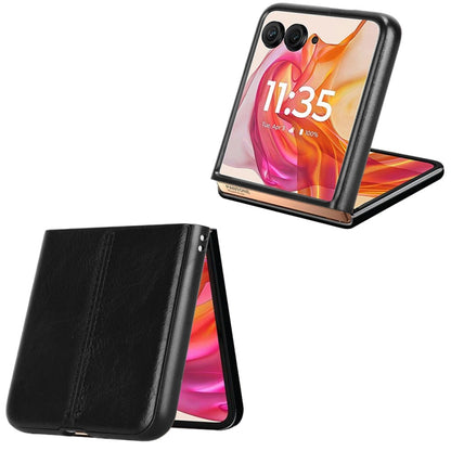 Black flip phone case with leather-look texture, front window, and open stand flap for Motorola Razr