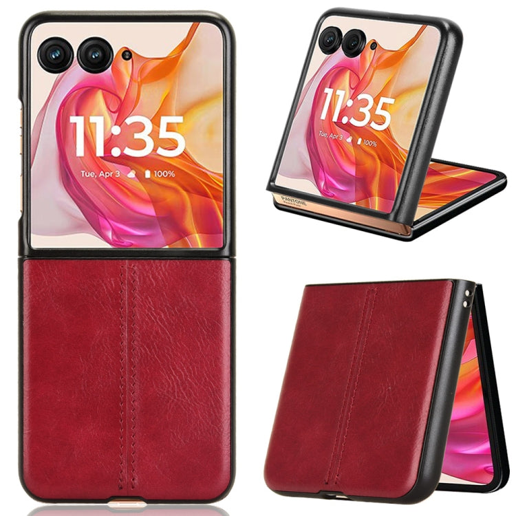 Red flip phone case with leather-look texture and stitched back for Motorola Razr