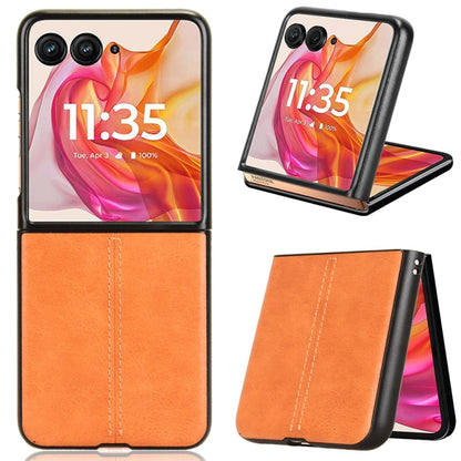 Orange flip phone case with leather-look texture and stitched back for Motorola Razr