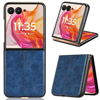 Blue flip phone case with leather-look texture and stitched back for Motorola Razr