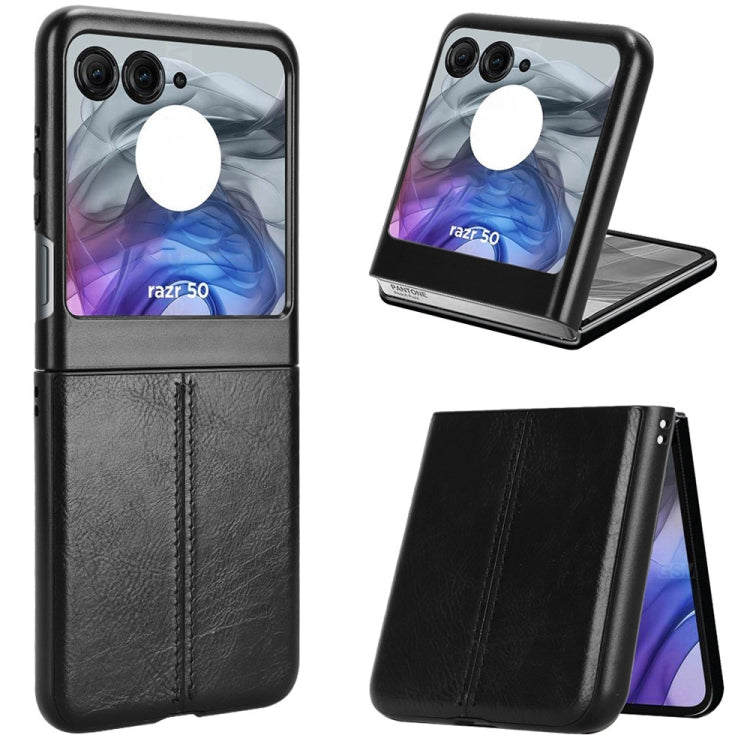Black flip phone case with leather-look cover and stitched panel for Motorola Razr