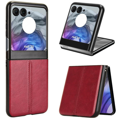 Textured leather-style flip phone case with stand, red and black, stitched panel