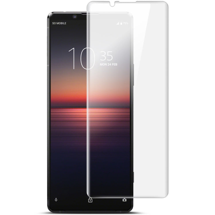Full-coverage clear hydrogel screen protector film over front of Sony Xperia phone