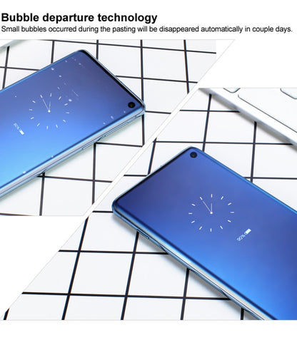 Hydrogel screen protector film with bubble-reduction adhesive technology graphic