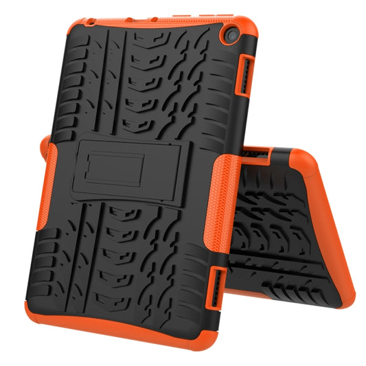 Orange and black rugged tire-texture protective tablet case with built-in holder stand