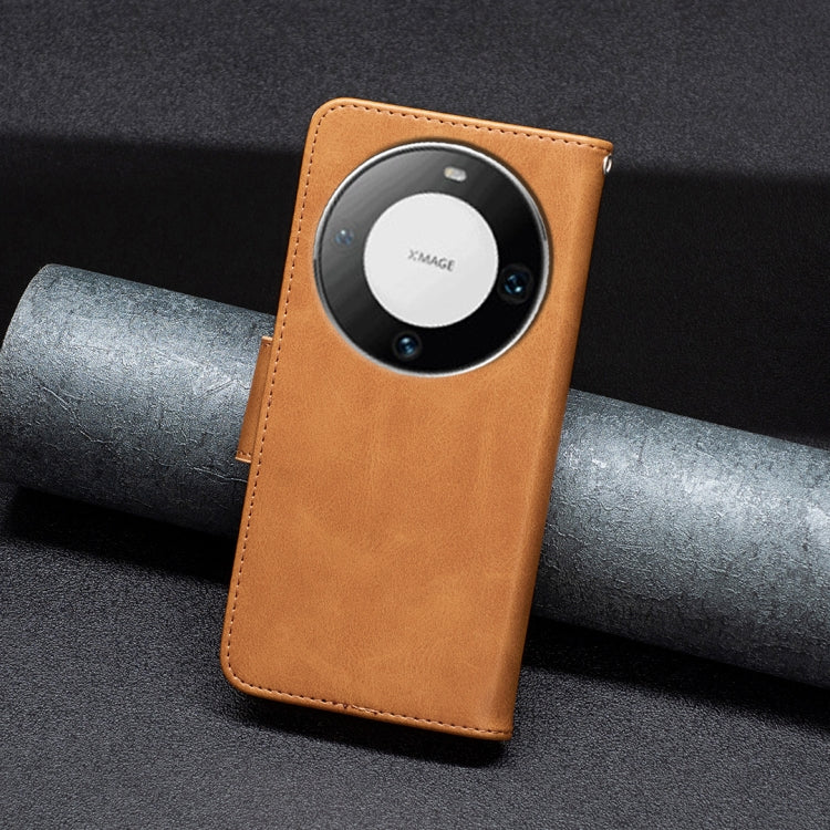 Tan lambskin flip phone case with camera cutout and protective edge stitching