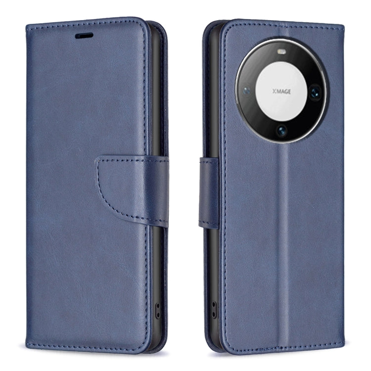Blue flip leather phone case with magnetic strap and round camera cutout