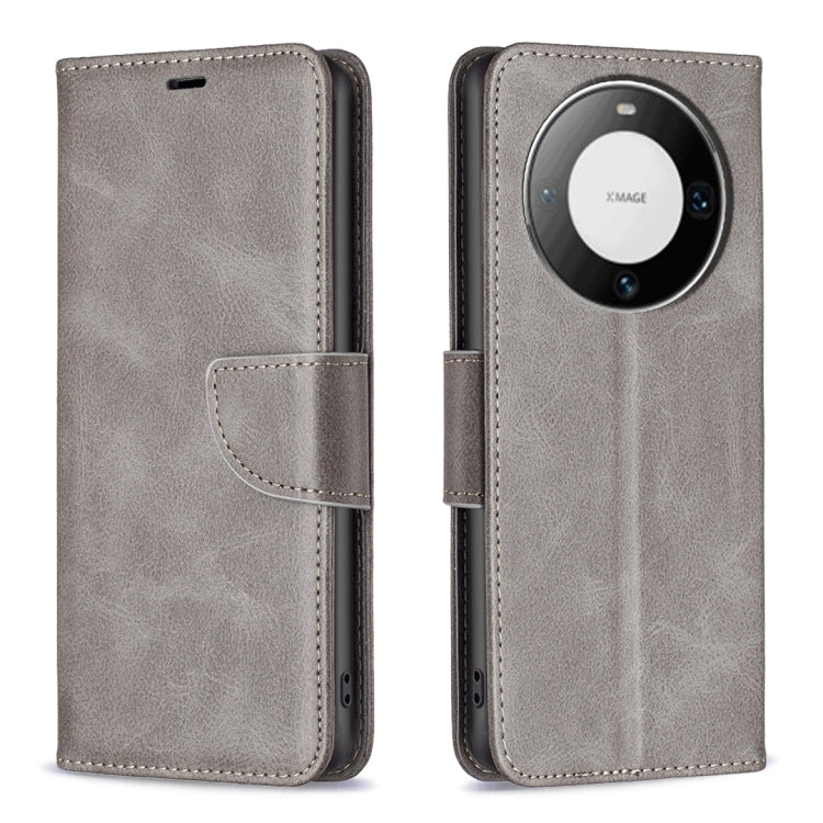 Gray flip leather phone case with magnetic strap and round camera cutout