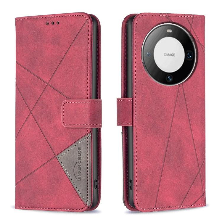 Red leather phone case with magnetic buckle and rhombus texture, wallet-style flap