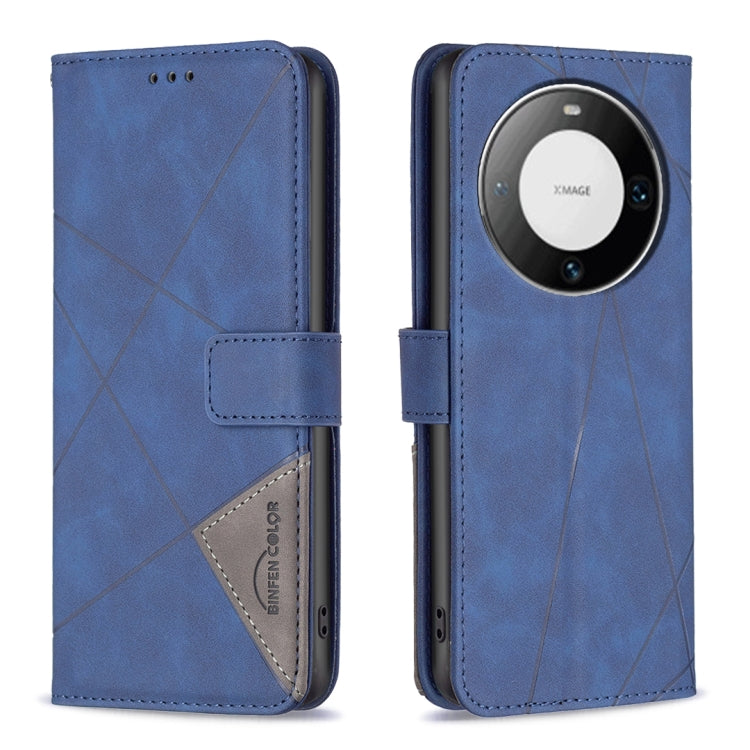 Blue leather phone case with magnetic buckle and rhombus texture