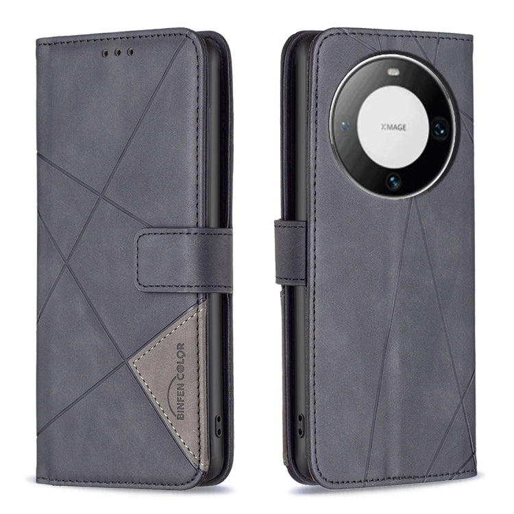 Dark gray leather phone case, flip cover with magnetic buckle and rhombus texture