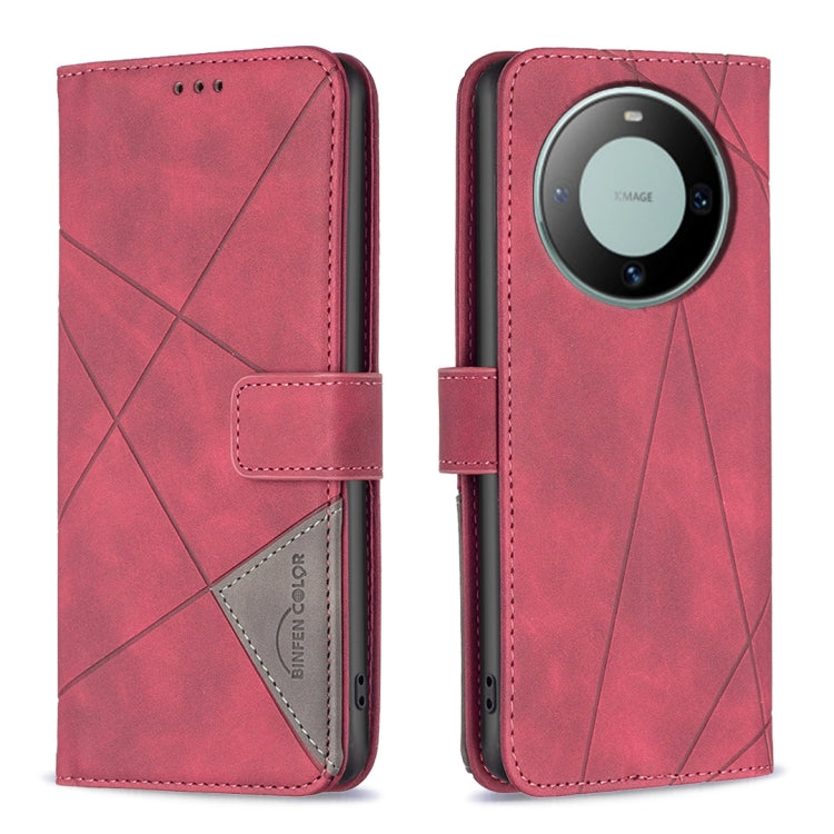 Red leather phone case, flip cover with magnetic buckle and rhombus texture
