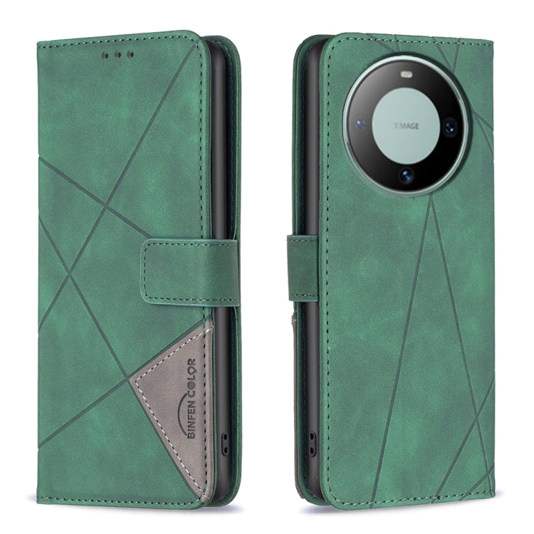Green leather phone case, flip cover with magnetic buckle and rhombus texture