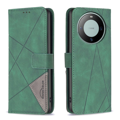 Green leather phone case, flip cover with magnetic buckle and rhombus texture