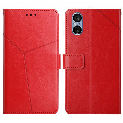 Red Y-pattern flip leather phone case with camera cutout and card slot