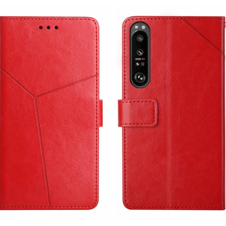 Y-pattern flip leather phone case in red, with camera cutout and card holder