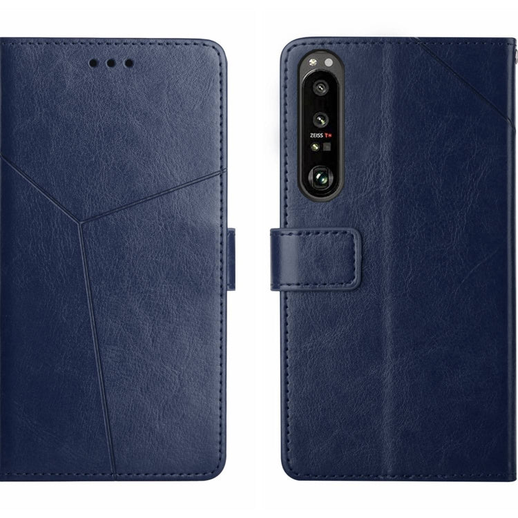 Y-pattern flip leather phone case in blue, with camera cutout and card holder