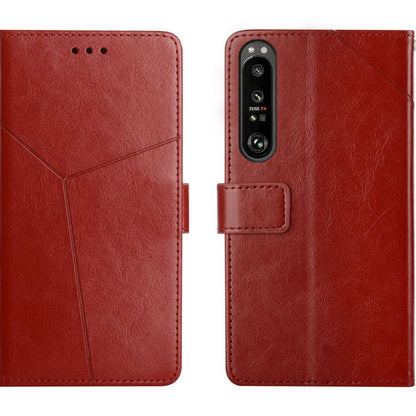 Red Y-pattern flip leather phone case with card slot and camera cutout