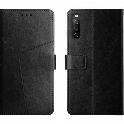 Y-pattern flip leather phone case in black, with camera cutout and card holder
